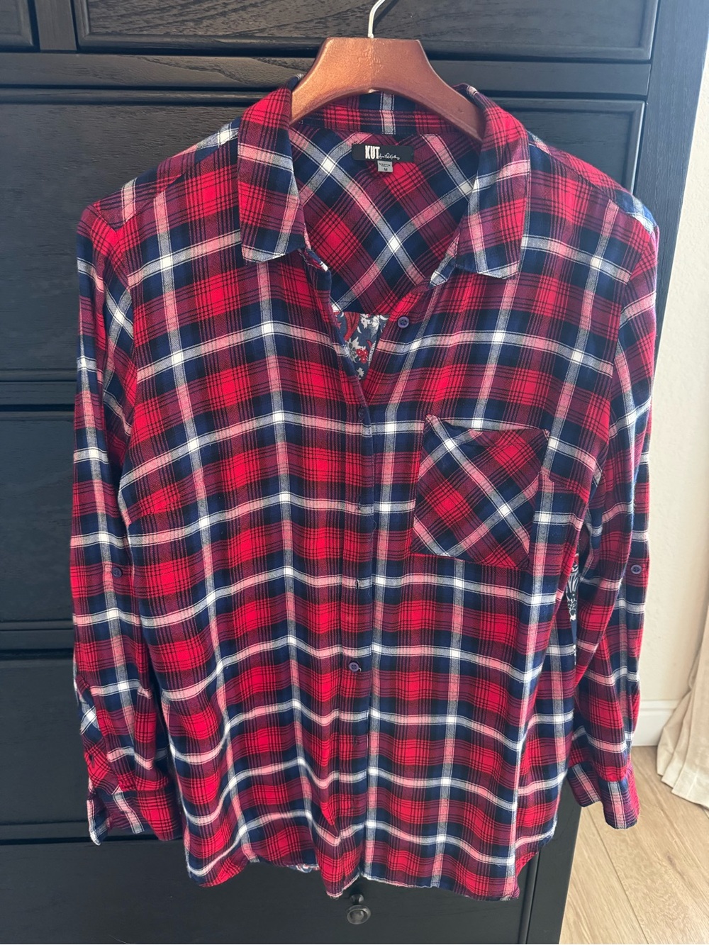 Kut from the Kloth Red, Navy and White Plaid Button-Down Shirt